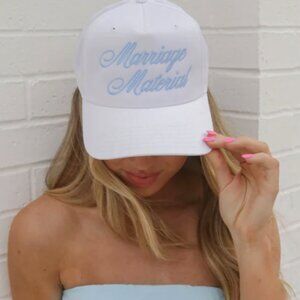 Marriage Material White Baseball Cap with Light Blue Embroidery
